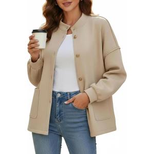 imageDisamer Jackets for Women Fall Fashion 2025 Casual Bomber Jacket Varsity Lantern Long Sleeve Outerwear Button Down CoatPure Apricot