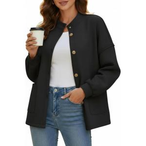 imageDisamer Jackets for Women Fall Fashion 2025 Casual Bomber Jacket Varsity Lantern Long Sleeve Outerwear Button Down CoatPure Black