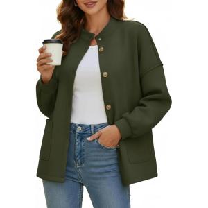 imageDisamer Jackets for Women Fall Fashion 2025 Casual Bomber Jacket Varsity Lantern Long Sleeve Outerwear Button Down CoatPure Green