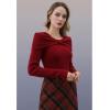 imageCHICWISH Women Bowknot Ribbed Knit Sweater Square Neck Long Sleeve Slim Fitted Fall Fashion Casual Pullover TopsRed