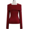 imageCHICWISH Women Bowknot Ribbed Knit Sweater Square Neck Long Sleeve Slim Fitted Fall Fashion Casual Pullover TopsRed