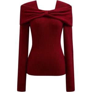 imageCHICWISH Women Bowknot Ribbed Knit Sweater Square Neck Long Sleeve Slim Fitted Fall Fashion Casual Pullover TopsRed