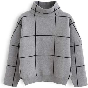 imageCHICWISH Womens Fall Turtleneck Sweater Pullover Plaid Long Sleeve Casual Knitted Winter Checkered Sweaters TopsGrey Gridturtleneck