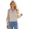 imageCHICWISH Women FauxWrap Knit Tops V Neck Long Sleeve Solid Casual Soft Fall Cropped Pullover SweatersIvory