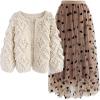 imageCHICWISH Womens Soft Heart Shape Balls Hand Knit Open Front Ivory Cardigan and 3D Heart DoubleLayered Mesh Tulle Maxi Skirt SM