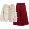 imageCHICWISH Womens Soft Heart Shape Balls Hand Knit Open Front Ivory Cardigan and Sequins Tulle Skirts Elastic Waist Mesh Midi Holiday Flowy Layered Red Skirt SM