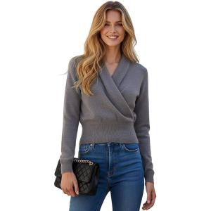 imageCHICWISH Women FauxWrap Knit Tops V Neck Long Sleeve Solid Casual Soft Fall Cropped Pullover SweatersGrey