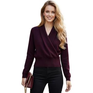 imageCHICWISH Women FauxWrap Knit Tops V Neck Long Sleeve Solid Casual Soft Fall Cropped Pullover SweatersPlum