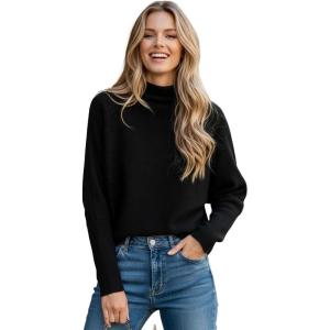imageCHICWISH Women Turtleneck Ribbed Knit Sweater Batwing Long Sleeves Soft Loose Casual Cropped Sweater Pullover TopsBlack