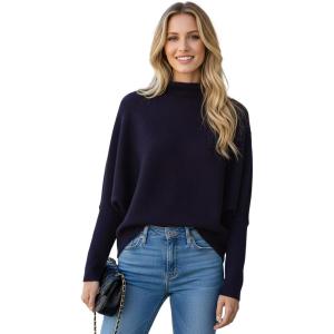 imageCHICWISH Women Turtleneck Ribbed Knit Sweater Batwing Long Sleeves Soft Loose Casual Cropped Sweater Pullover TopsNavy