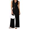 imageCHICWISH Women 2 Piece Sets V Neck Lace Trim Button Sleeveless Vest and High Elastic Waist Pants Summer Vacation OutfitBlack