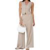 imageCHICWISH Women 2 Piece Sets V Neck Lace Trim Button Sleeveless Vest and High Elastic Waist Pants Summer Vacation OutfitLinen