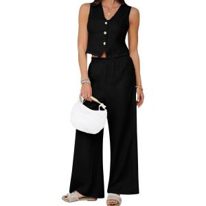 imageCHICWISH Women 2 Piece Sets V Neck Lace Trim Button Sleeveless Vest and High Elastic Waist Pants Summer Vacation OutfitBlack