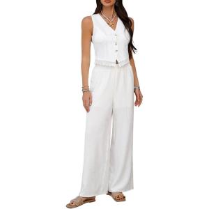 imageCHICWISH Women 2 Piece Sets V Neck Lace Trim Button Sleeveless Vest and High Elastic Waist Pants Summer Vacation OutfitWhite