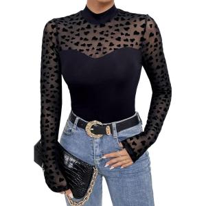 imageChicwish Women Velvet Heart Pattern Mesh Spliced Top Mock Neck Long Sleeve Slim Fit Sexy See Through Going Out BlouseBlack