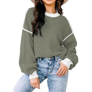 imageWomens Sweaters Fall 2026 Fashion Long Sleeve Color Block Oversized Sweater Trendy Casual Crew Neck Knitted Tops PulloverAmy Green