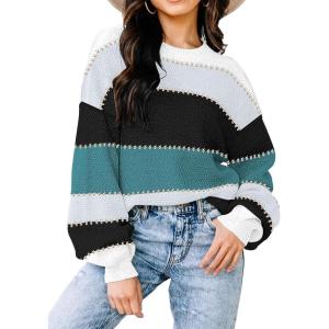 imageWomens Sweaters Fall 2026 Fashion Long Sleeve Color Block Oversized Sweater Trendy Casual Crew Neck Knitted Tops PulloverColor Blue