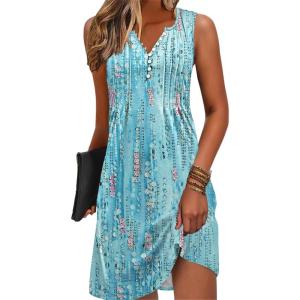 image:imageDisamer Beach Dresses for Women 2024 Vacation Swim Cover up VNeck Summer Dress Button Down Sleeveless Boho Floral SundressDewdrop Blue