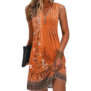 image:imageDisamer Beach Dresses for Women 2024 Vacation Swim Cover up VNeck Summer Dress Button Down Sleeveless Boho Floral SundressFloral Orange