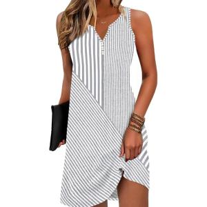 image:imageDisamer Womens Summer Dress 2026 Casual Button Down V Neck Sleeveless Boho Floral Beach Sundresses Vacation ALine DressesPatchwork Striped Gray